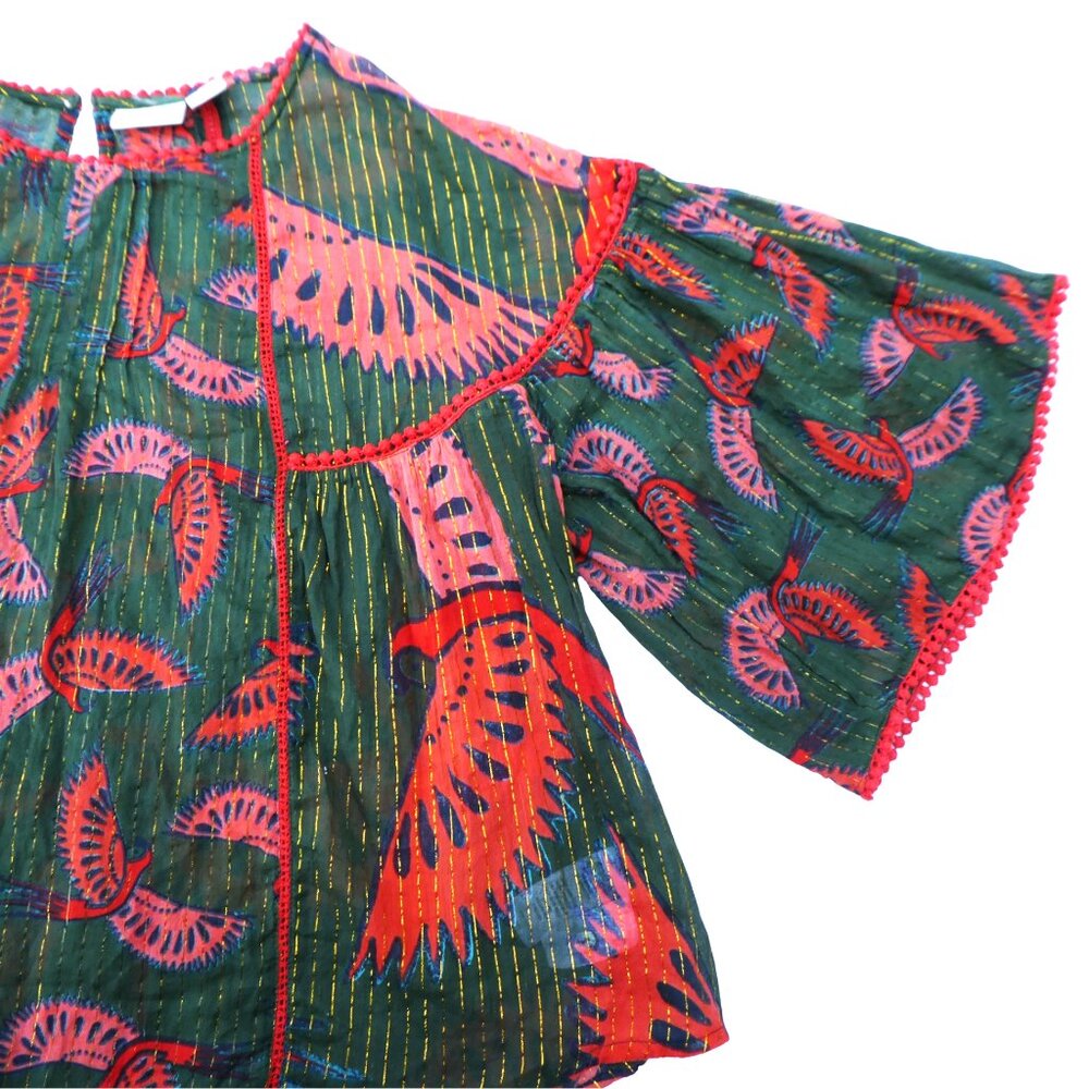 Rachel Zoe Metallic Kimono Blouse Flying Bird Print Boho Peasant Green Red Gold - Picture 5 of 9